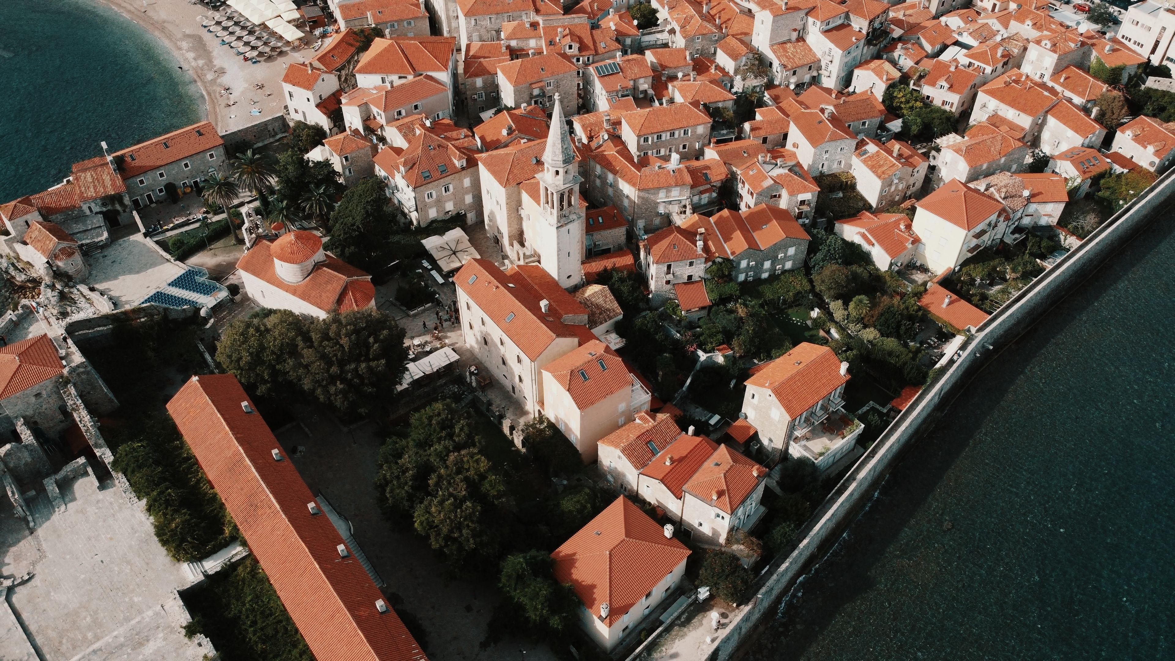 Terracotta rooftops of a European old town from above