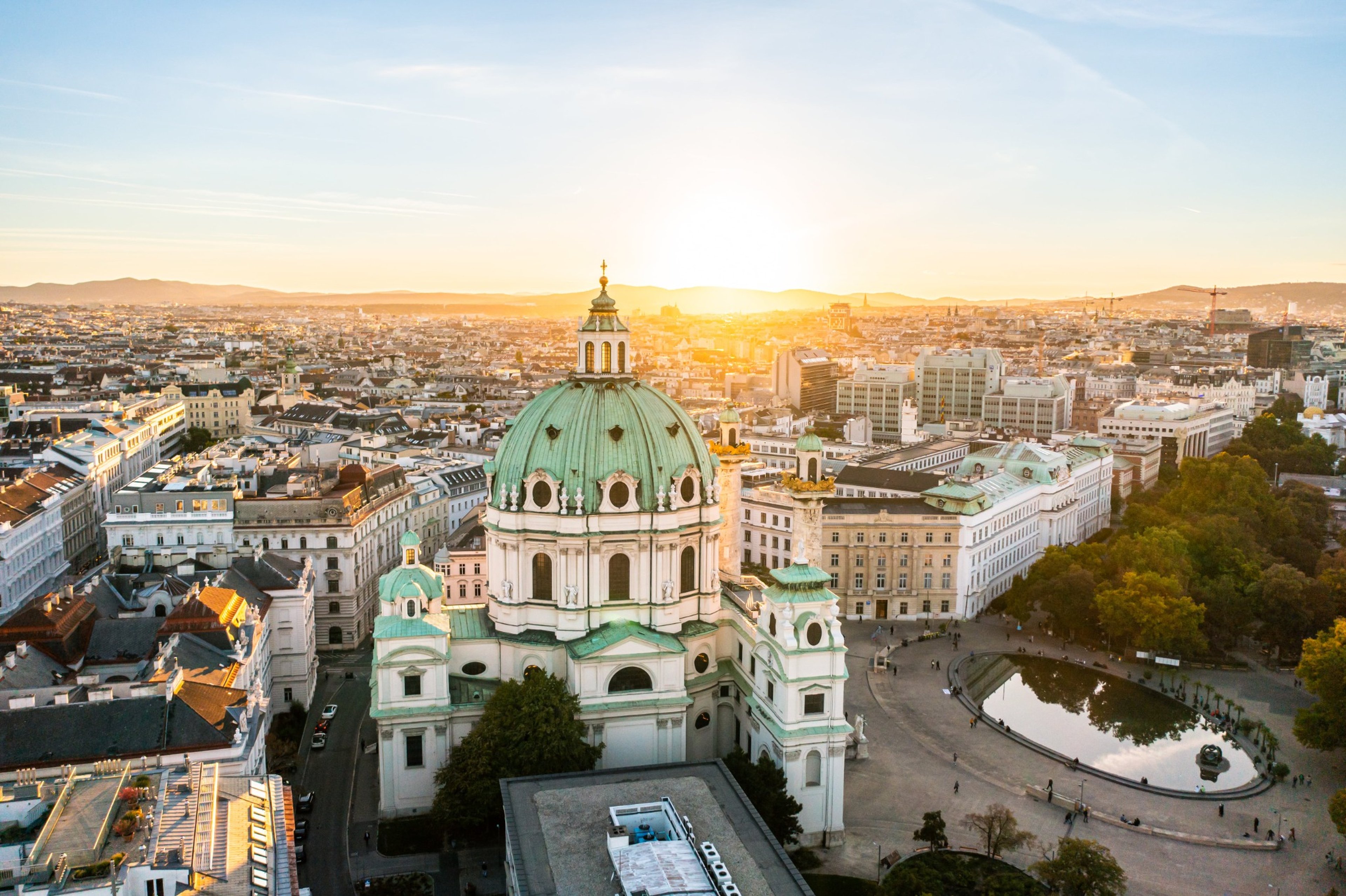 European city at dusk