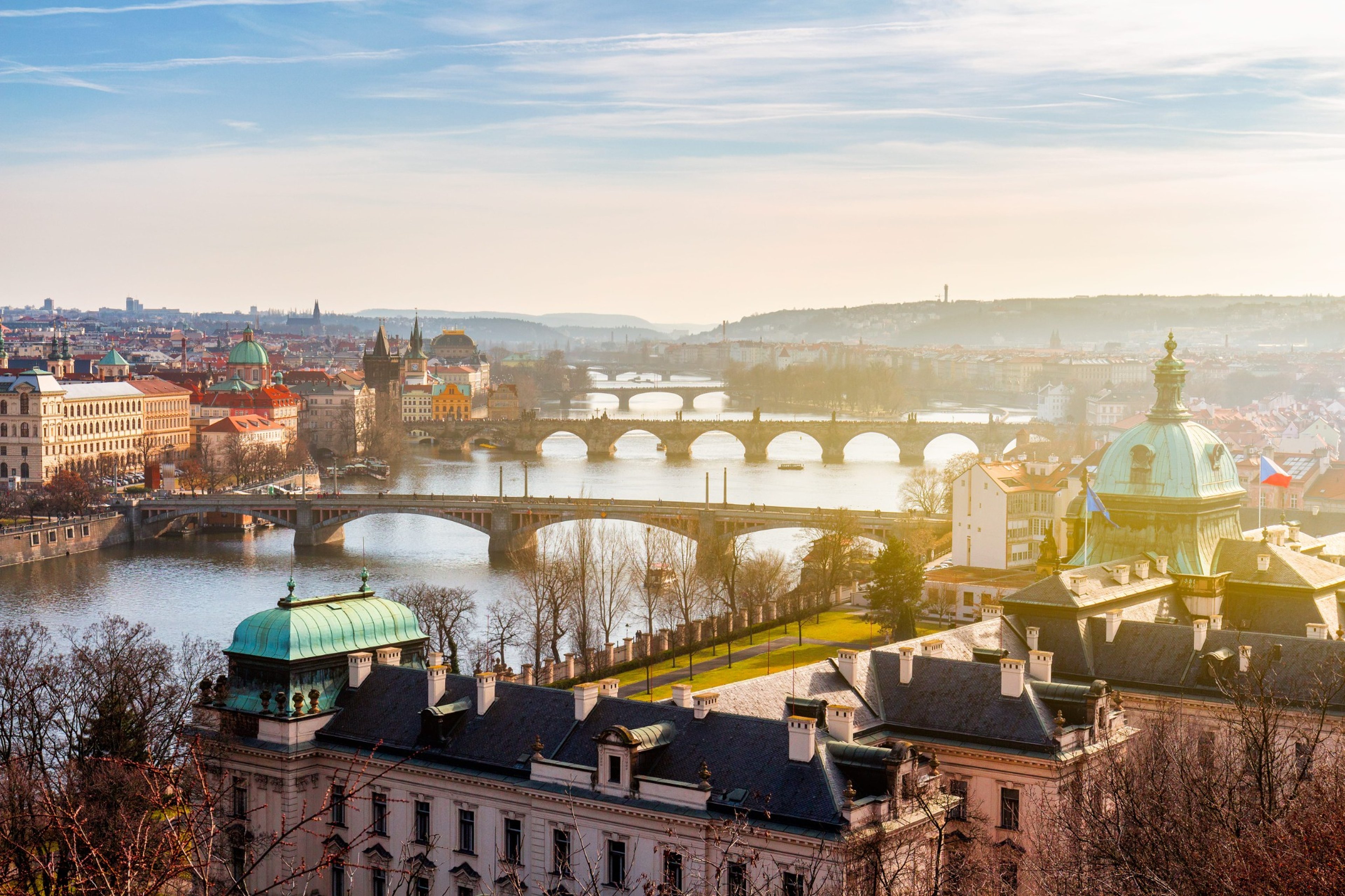 European riverfront city with bridges